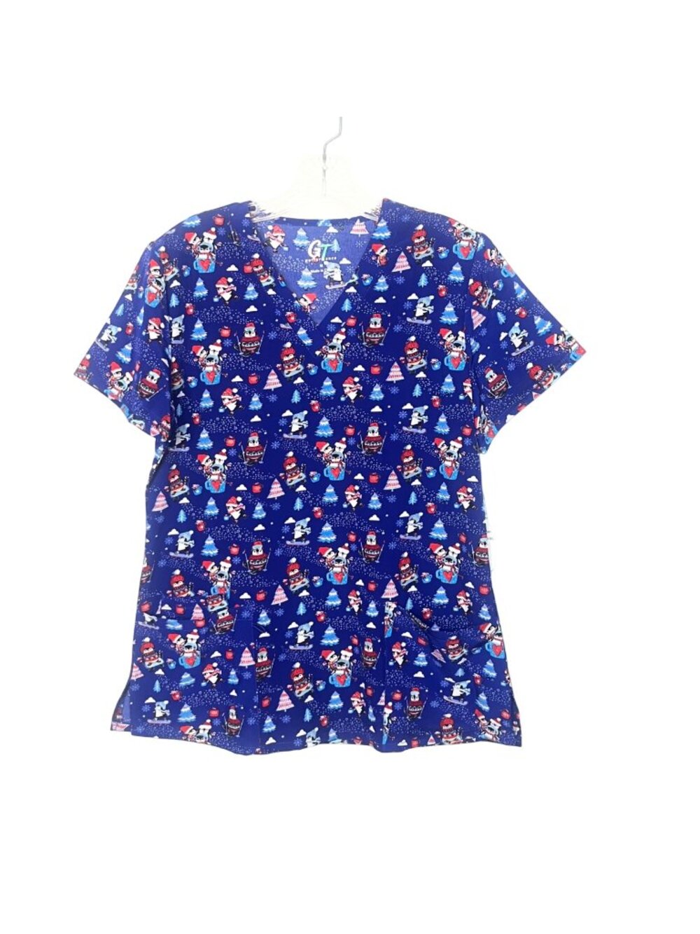 GT Performance Christmas Penguin Print Scrub Top Womens Medium Blue New
